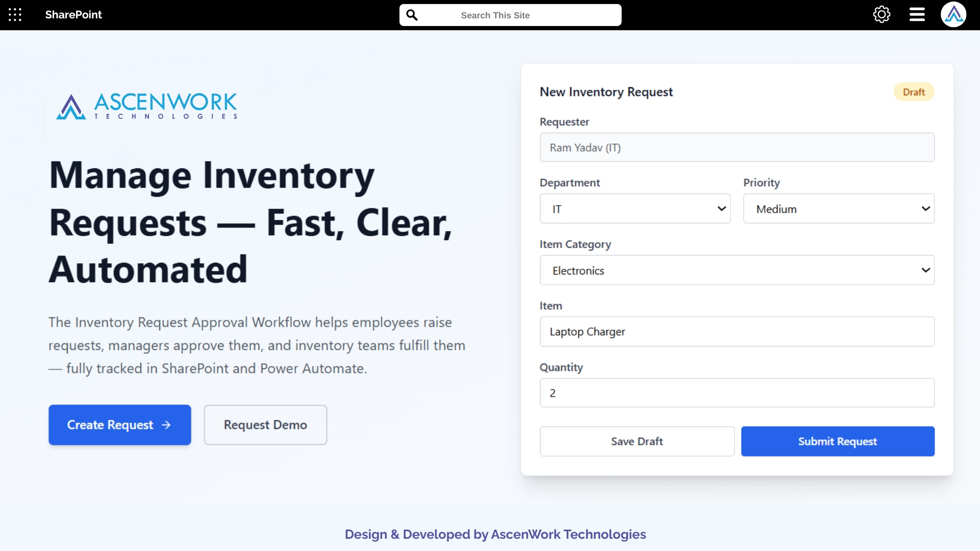 SharePoint Inventory Request Workflow Interface – AscenWork Technologies