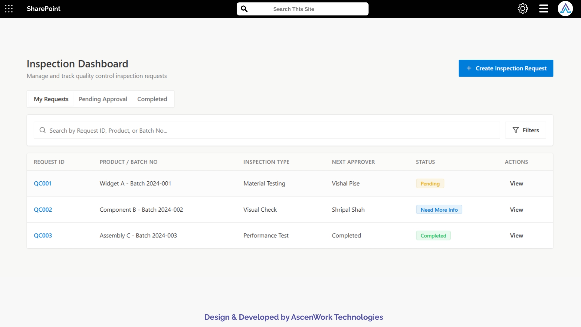 Inspection tracking interface showing batch details, inspection types, and approval statuses.