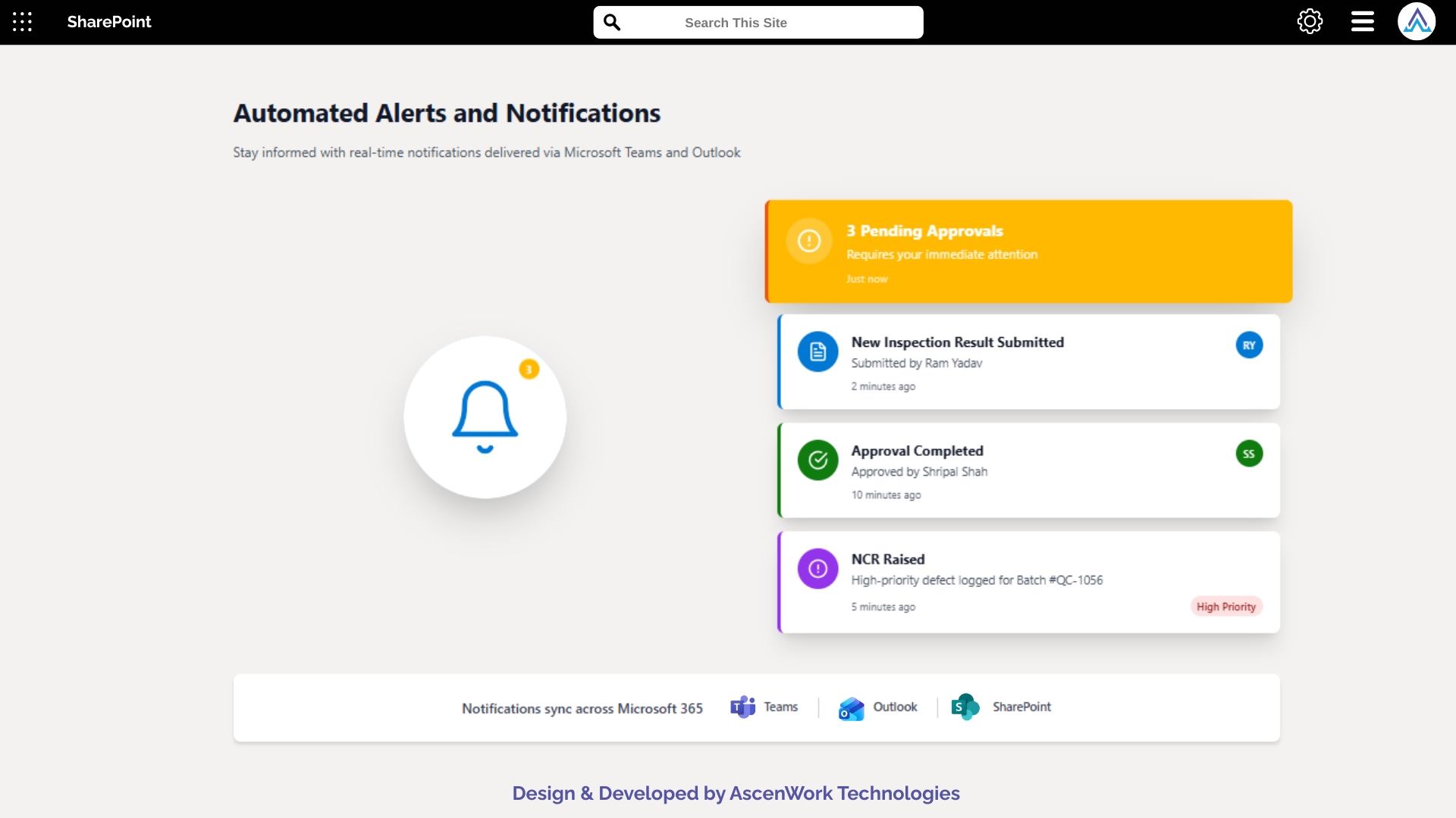 Notification interface showing real-time approval and NCR updates across Microsoft 365.