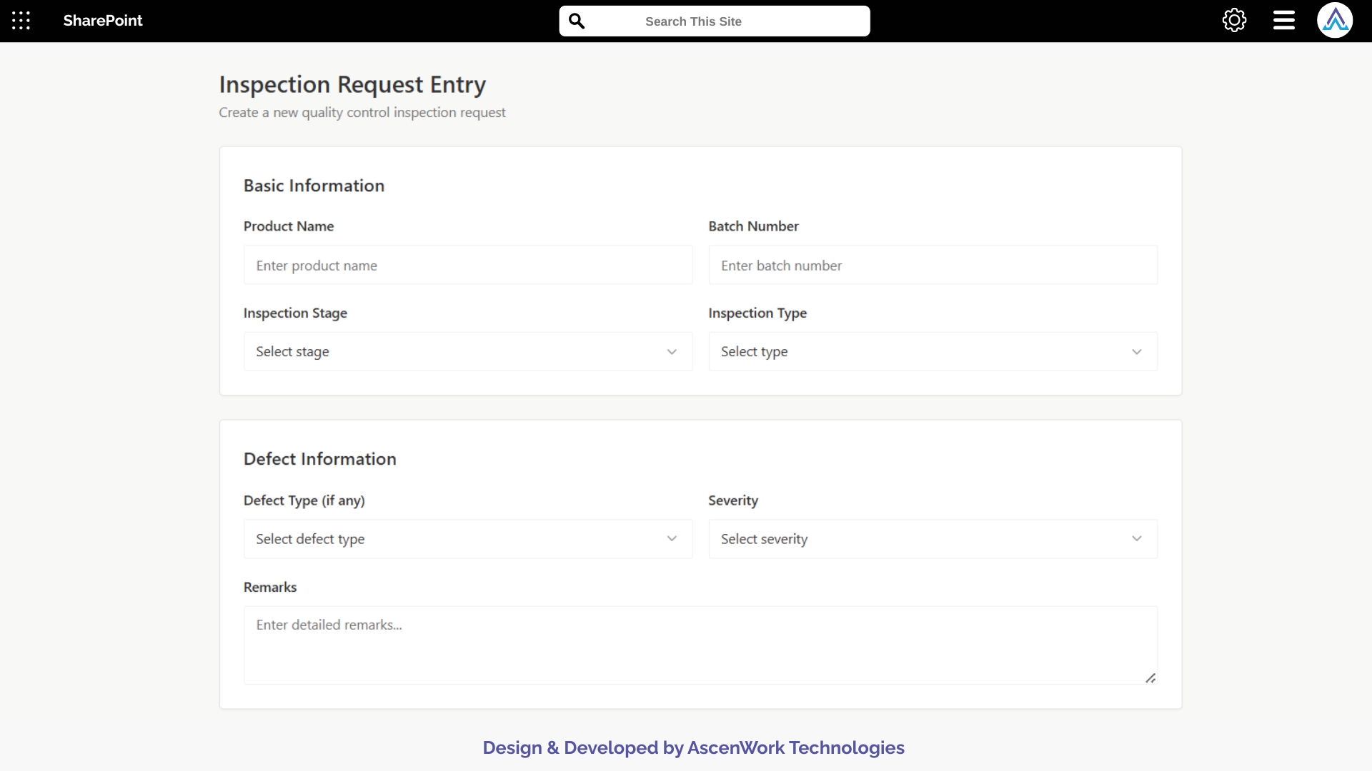 SharePoint inspection form capturing product information, inspection stage, and defect type.
