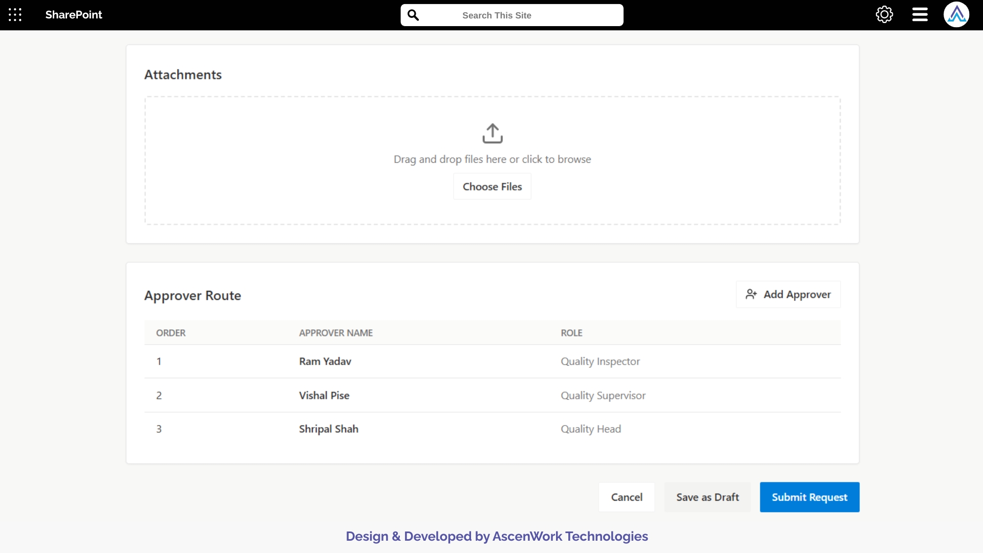 Approver route configuration view with roles and order for inspection workflow approvals.