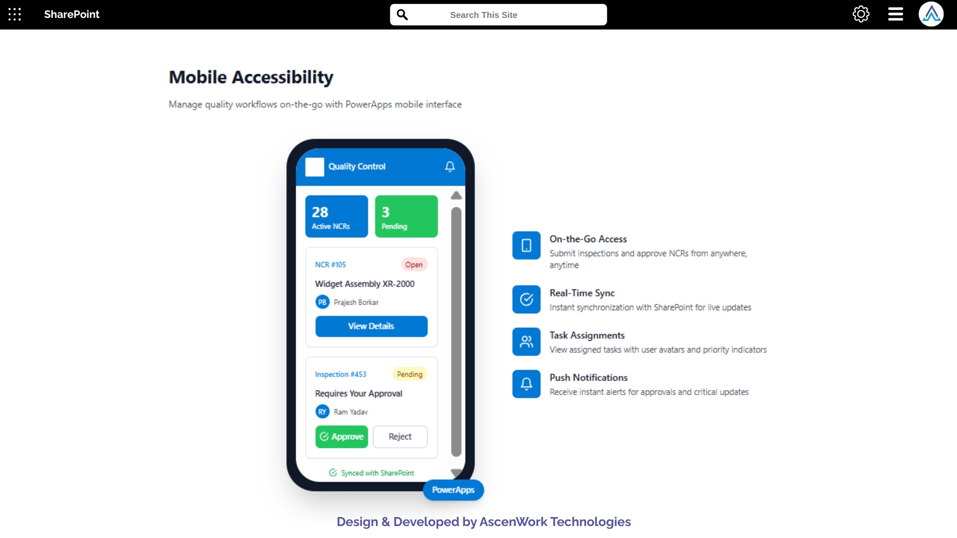 PowerApps mobile app showing quality control tasks, NCR approvals, and live sync with SharePoint.