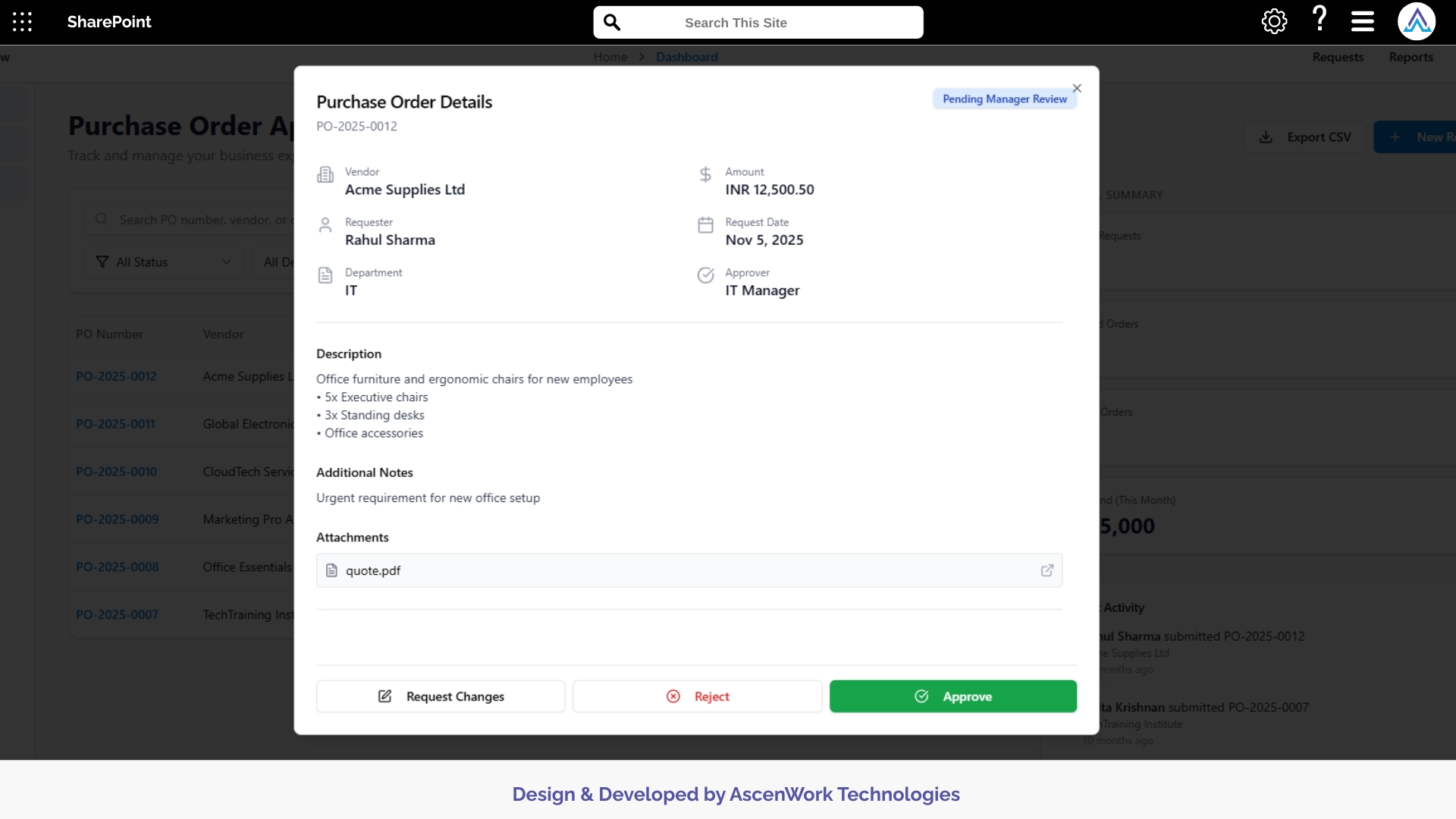 Purchase order details popup with pending review status.