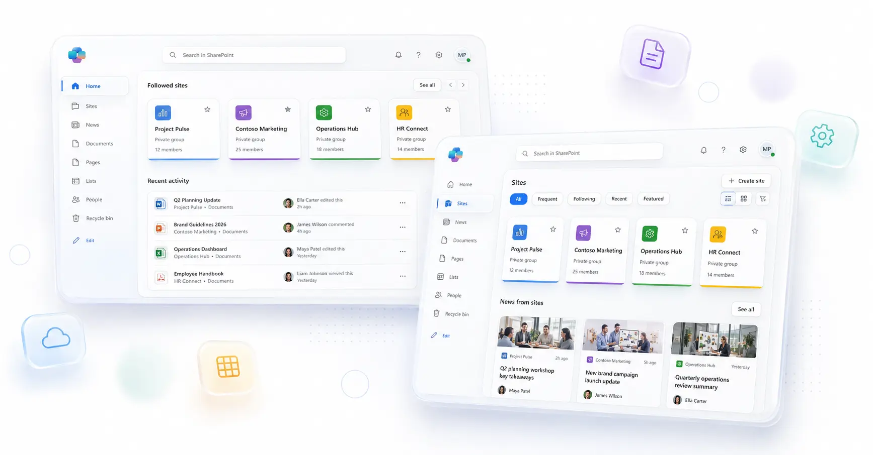 Modern SharePoint 2026 interface showcasing refreshed navigation, enhanced usability, and a streamlined digital workplace experience.