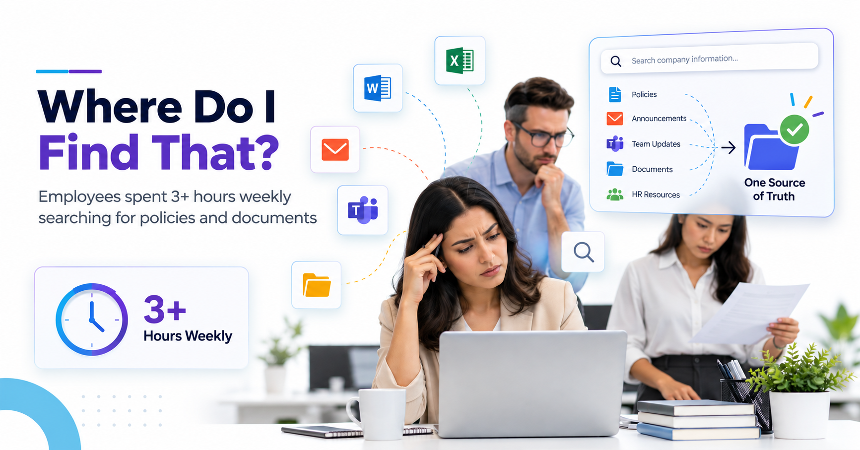 Employees searching for company policies and documents across scattered information sources