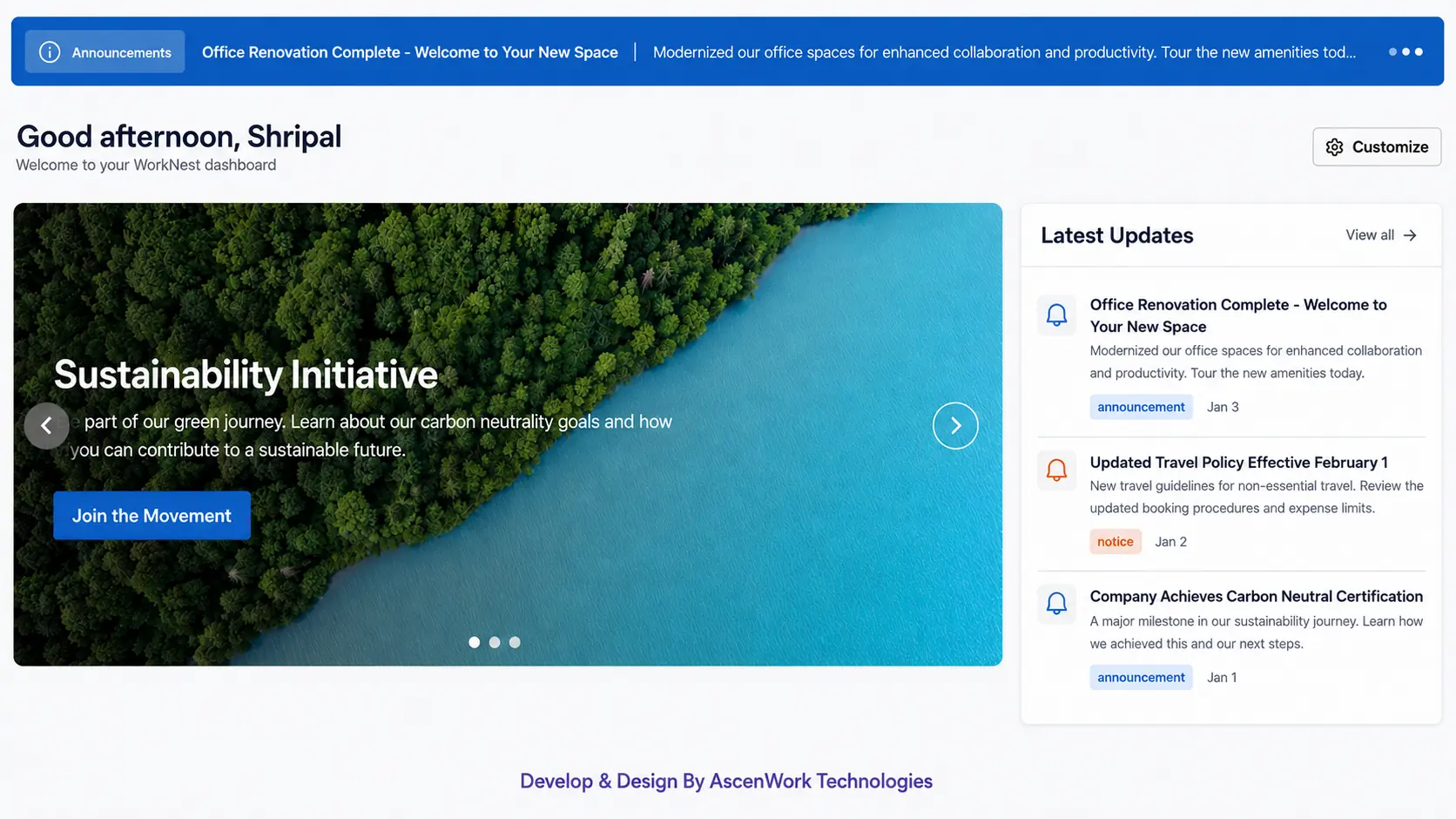 Modern workplace dashboard with announcements