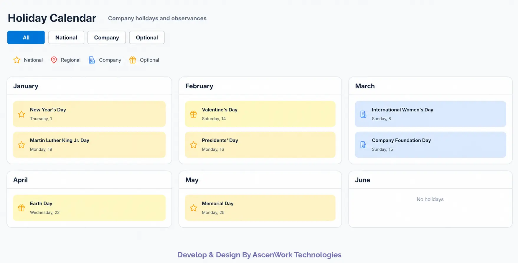 Company holiday calendar with monthly holidays