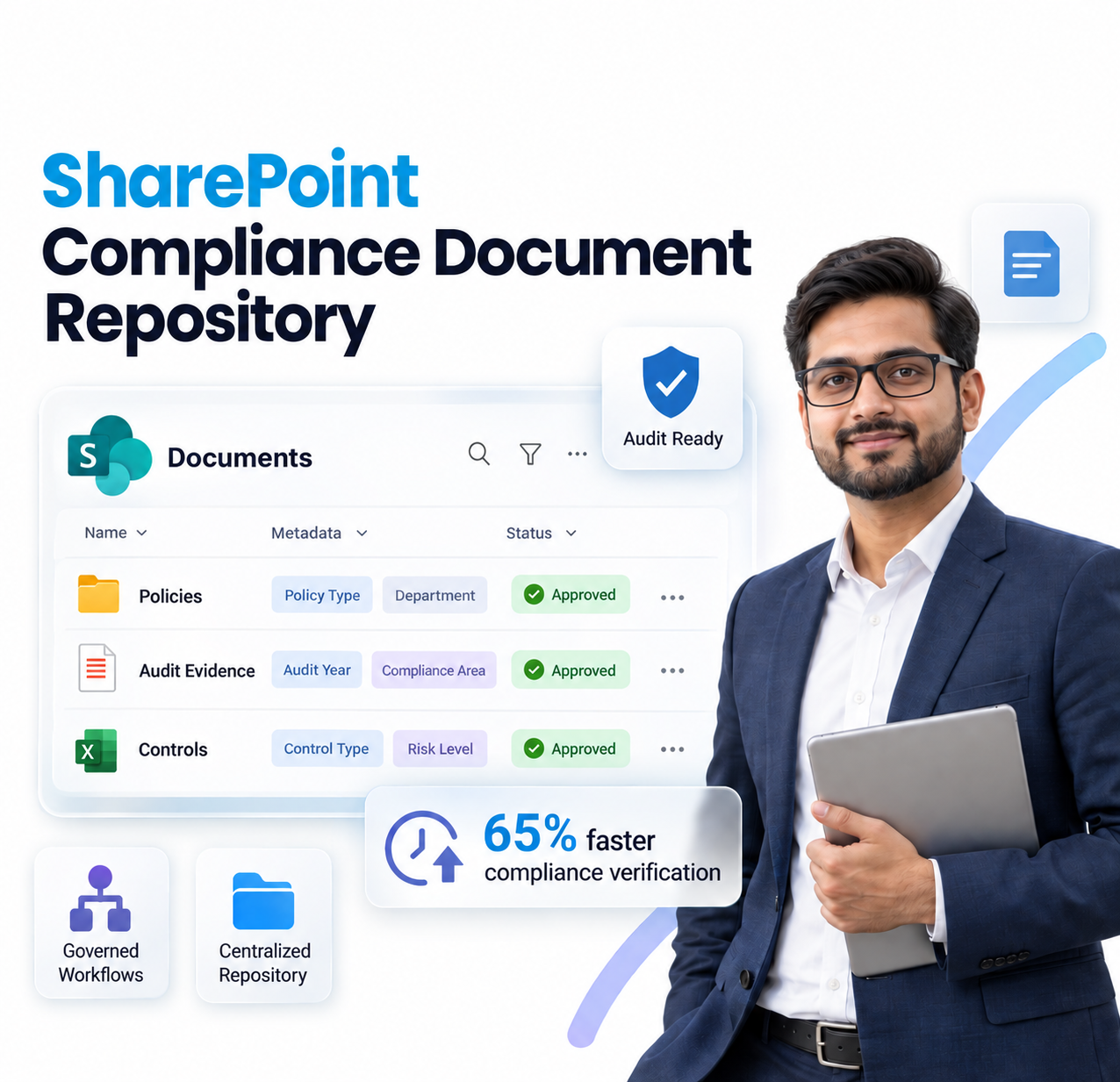 SharePoint compliance document repository with centralized audit evidence, policies, controls, approved metadata, and 65% faster compliance verification.