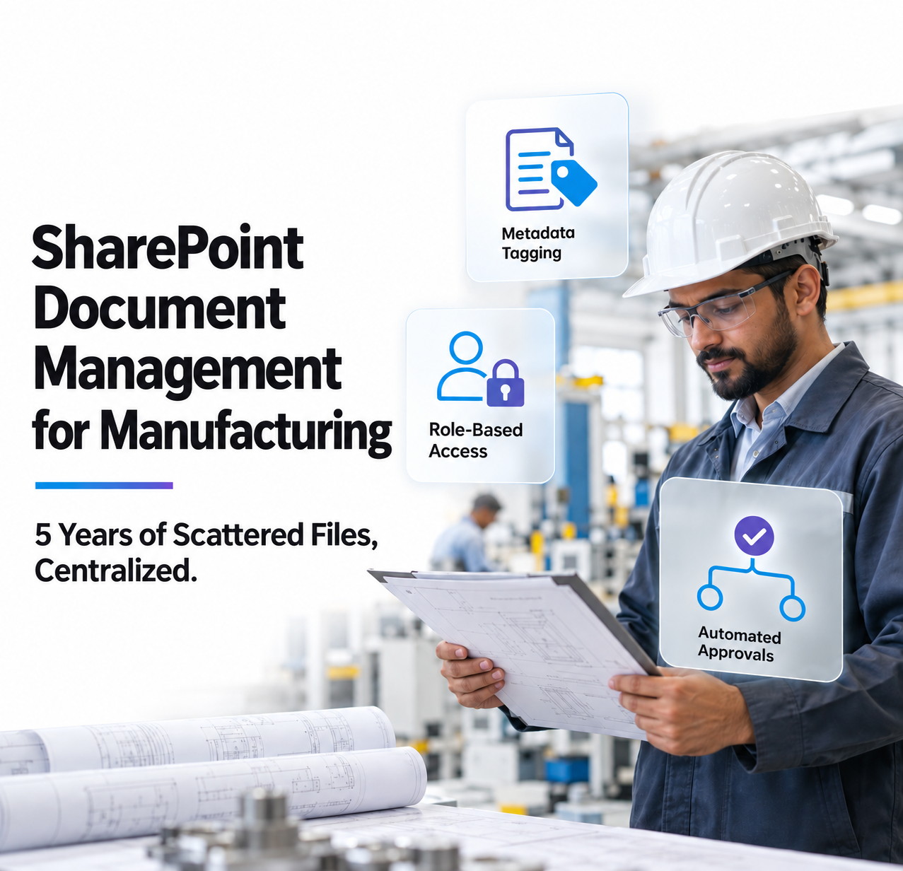 SharePoint document management for manufacturing with engineer reviewing technical drawings