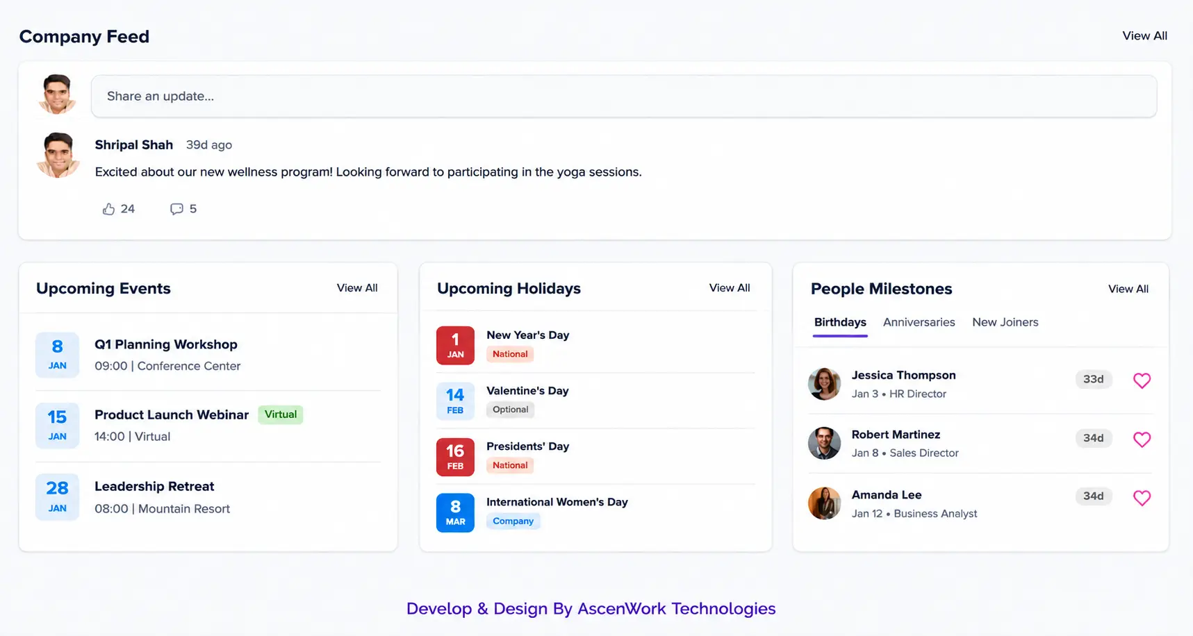 SharePoint employee homepage with company feed and events