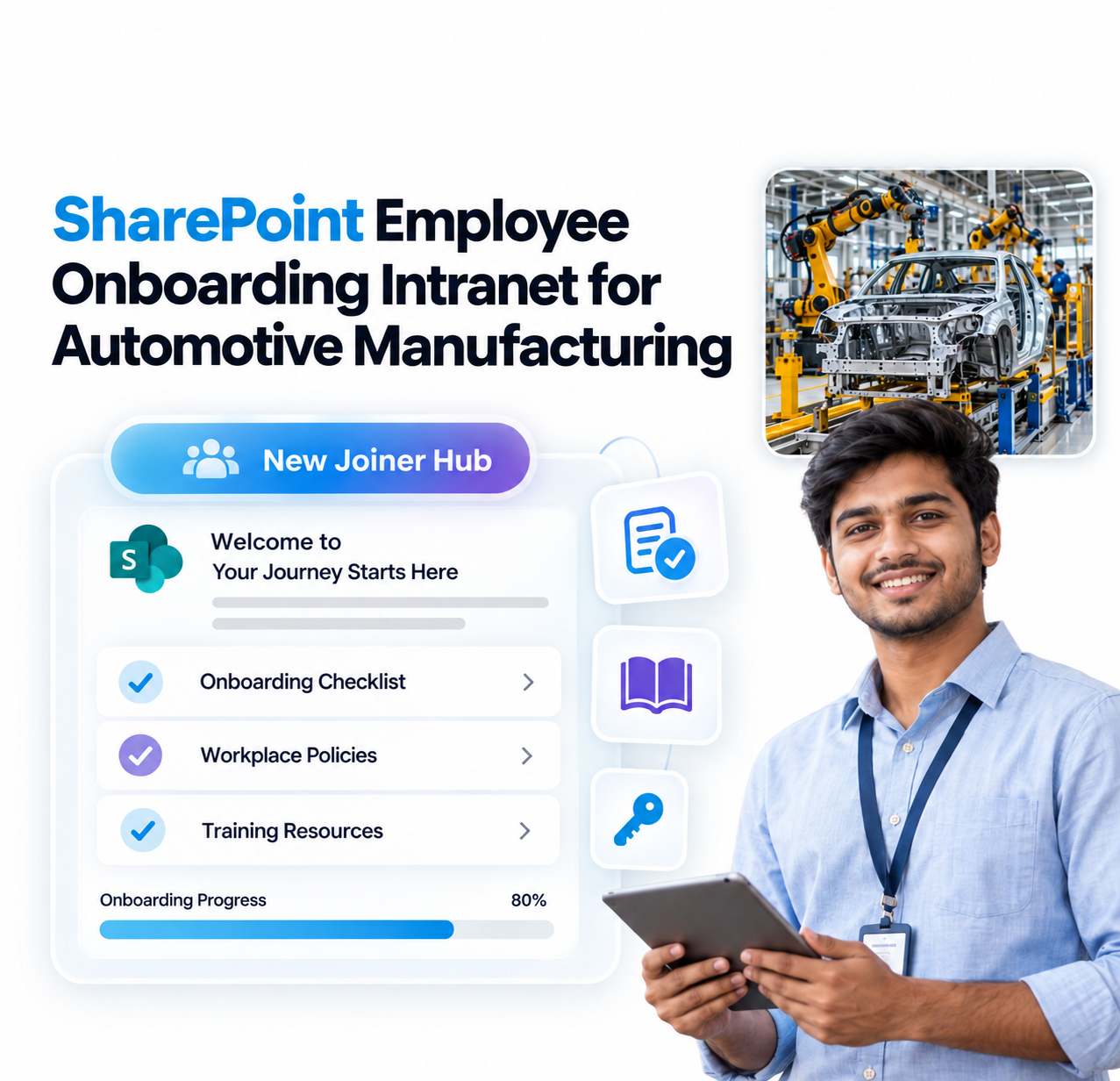 SharePoint employee onboarding intranet with a new joiner hub and automotive manufacturing background.